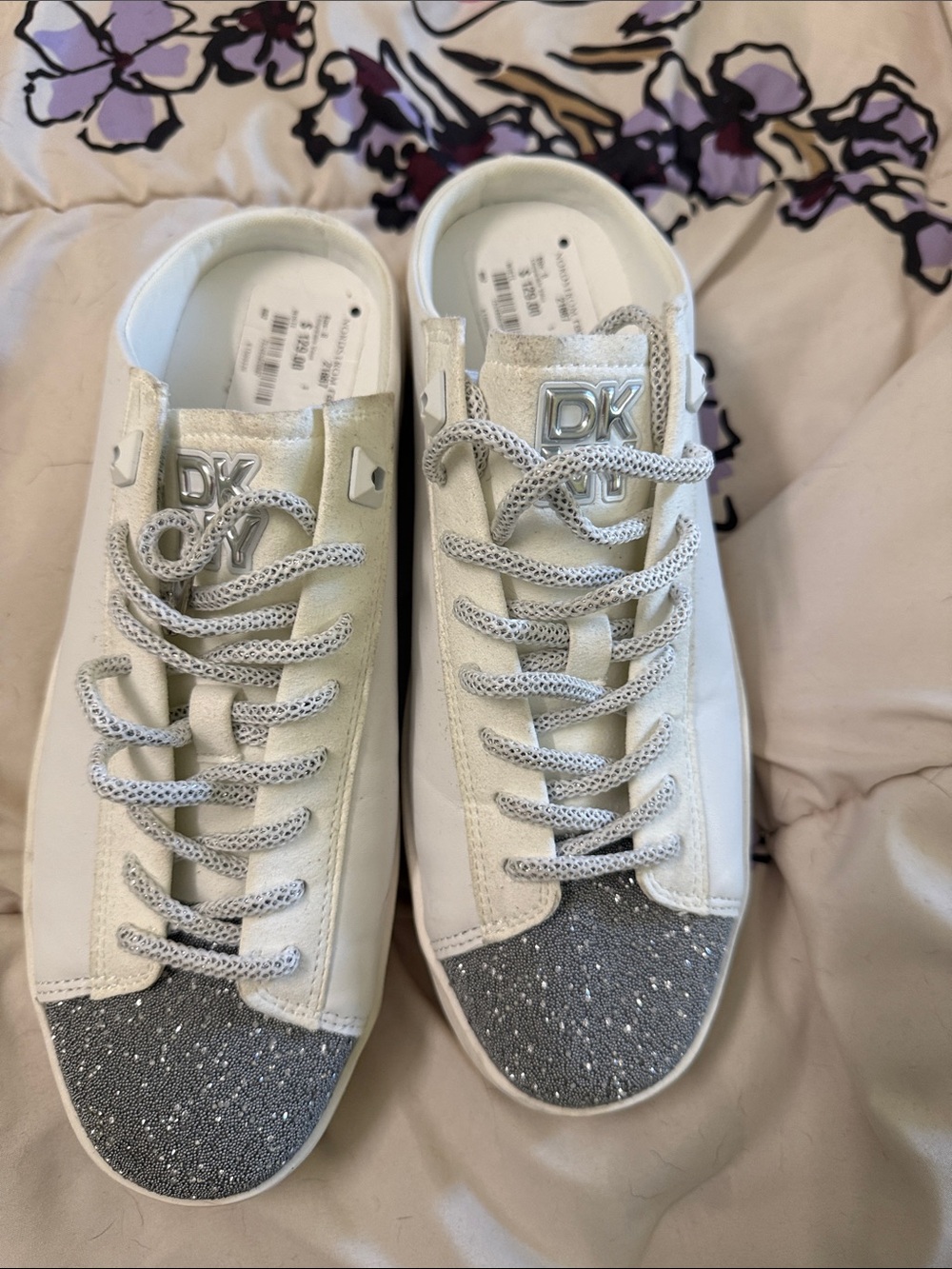 DKNY White Sneakers with Silver Glitter Toe and Metallic Logo